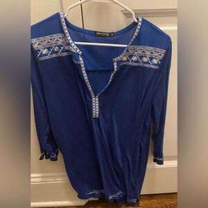 Royal Blue 3/4 Sleeve Boho Shirts Embroidered Peasant Top